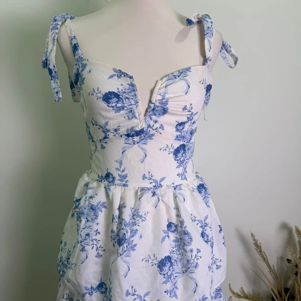 Crystal Doll Blue White Floral Tie-Strap Tiered Midi Dress - Size Medium - Picture 2 of 8